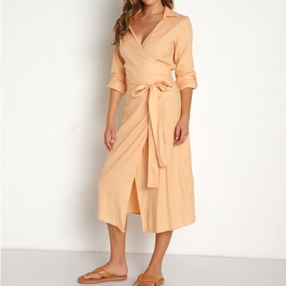 NWT Monrow Linen Tie Midi Dress Desert Mist - Picture 3 of 10
